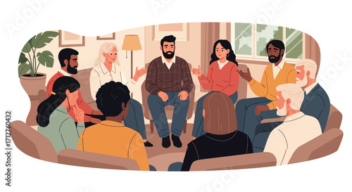 Diverse group therapy session fosters support and healing in a comfortable setting, promoting mental wellness and emotional connection for personal growth