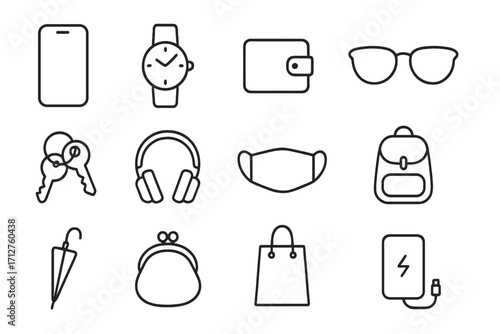 Everyday Accessories Icons. Line style icons of everyday accessories: smartphone, wristwatch, wallet icon, sunglasses icon, house