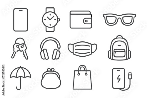 Everyday Accessories Icons. Line style icons of everyday accessories: smartphone, wristwatch, wallet icon, sunglasses icon, house