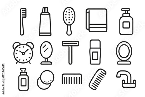 Morning Routine Icons. Line style icons of morning routine items: toothbrush icon, toothpaste tube, hairbrush icon, face towel,