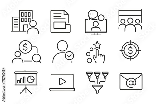 B2B Marketing Icons. Line style icons of B2B marketing: enterprise client icon, white paper icon, webinar icon, industry event,