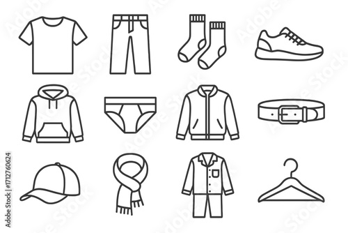 Clothing Icons Collection. Line style icons of daily clothing items: t-shirt icon, jeans icon, socks pair, sneakers icon, hoodie