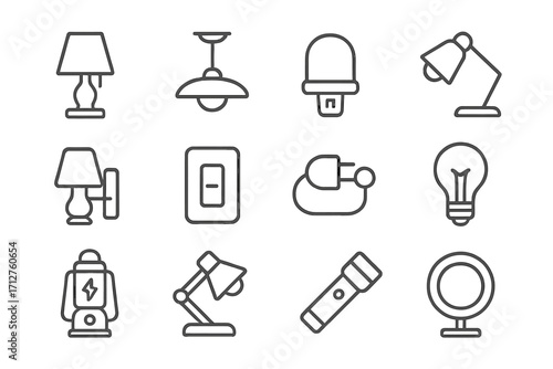 Indoor Lighting Icons. Line style icons of indoor lighting elements: table lamp, ceiling light, night lamp, reading light, wall