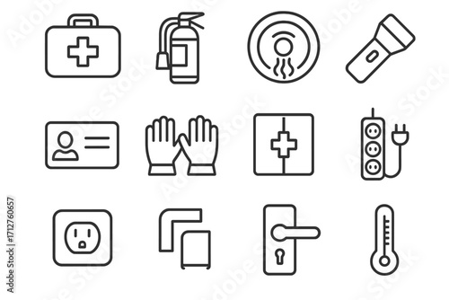 Household Safety Icons. Line style icons of household safety items: first aid kit, fire extinguisher, smoke detector, flashlight