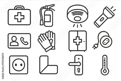 Household Safety Icons. Line style icons of household safety items: first aid kit, fire extinguisher, smoke detector, flashlight