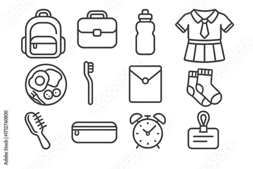 Kids' Morning Essentials Icons. Line style icons of morning essentials for kids: school bag, lunchbox icon, water bottle, school