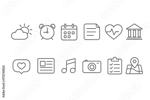 Smartphone App Icons. Line style icons of smartphone daily apps: weather app icon, alarm clock app, calendar app, notes app,