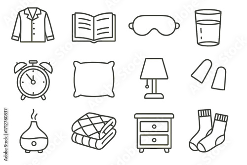 Bedtime Routine Icons. Line style icons of bedtime routine: pajamas icon, bedtime book, sleep mask, glass of water, alarm clock,