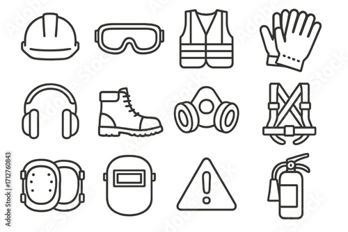 Safety Equipment Icons. Line style icons of safety equipment: hard hat icon, safety goggles, high-visibility vest, work gloves,