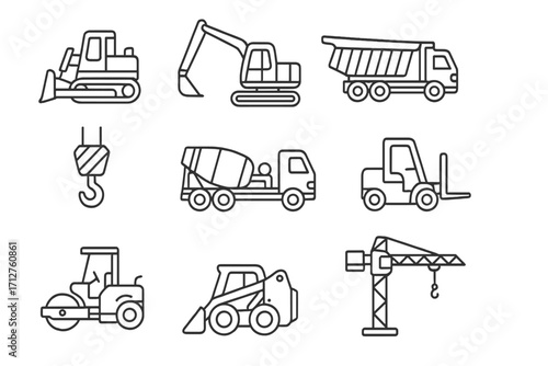 Construction Equipment Icons. Line style icons of heavy construction equipment: bulldozer icon, excavator icon, dump truck, crane
