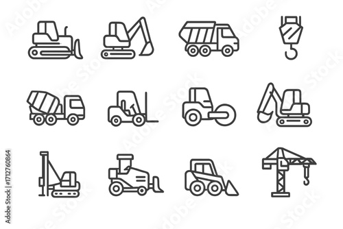 Construction Equipment Icons. Line style icons of heavy construction equipment: bulldozer icon, excavator icon, dump truck, crane