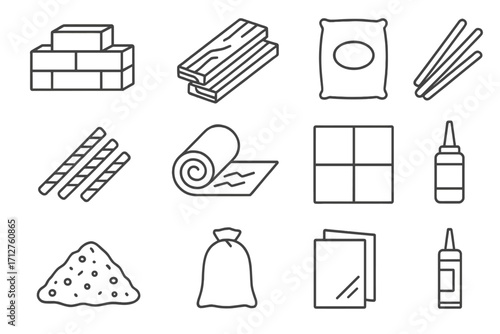 Construction Materials Icons. Line style icons of construction materials: bricks stack, wood planks, cement bag, steel rods,