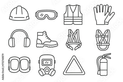 Safety Equipment Icons. Line style icons of safety equipment: hard hat icon, safety goggles, high-visibility vest, work gloves,