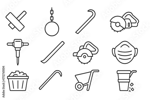 Demolition Tools Icons. Line style icons of demolition tools: sledgehammer icon, wrecking ball, crowbar icon, concrete cutter,