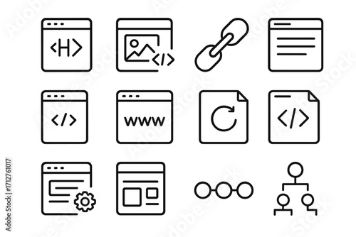 SEO Icons Collection. Line style icons of on-page SEO: header tag icon, image alt tag, internal linking icon, page title icon,