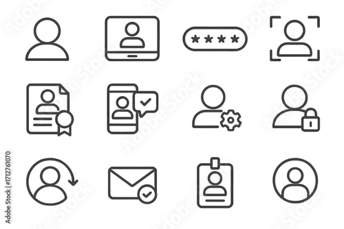 Online Identity Icons. Line style icons of online identity: user avatar icon, login screen, password field, biometric scan,