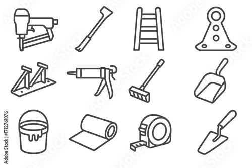 Roofing Tools Icons. Line style icons of roofing tools: roofing nailer, shingle remover, ladder icon, harness anchor, roof
