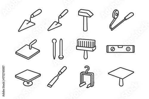 Masonry Tools Icons. Line style icons of masonry tools: brick trowel, pointing tool, block hammer, joint raker, mixing board, line