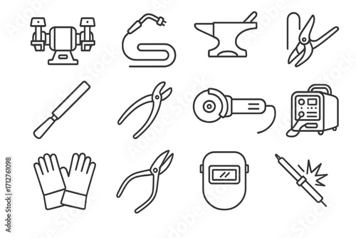 Metalworking Tool Icons. Line style icons of metalworking tools: bench grinder, welding torch, anvil icon, metal file, sheet metal