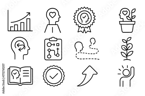Mental Health Icons. Line style icons of mental health progress: progress chart icon, healing milestone, therapy success badge,