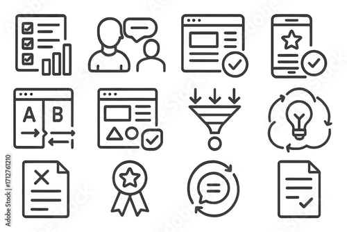 Idea Validation Icons. Line style icons of idea validation: survey results, customer interview, landing page test, MVP feedback, A
