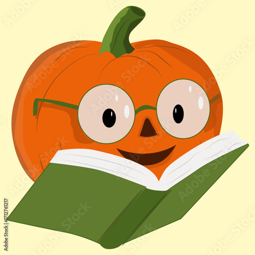 Pumpkin in glasses reading a book. Autumn and Halloween mood in the style of a book lover.