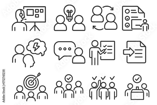 Startup Collaboration Icons. Line style icons of startup collaboration: remote whiteboard icon, idea sharing, team sync,