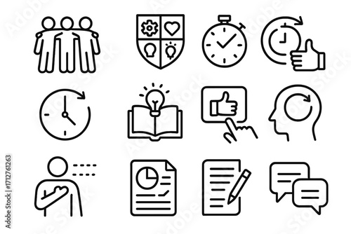 Startup Culture Icons. Line style icons of startup culture: team bonding icon, startup values, fast decision icon, flexible