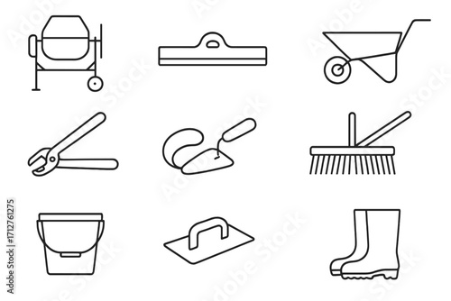Concrete Tool Icons. Line style icons of concrete work tools: cement mixer icon, screed tool, bull float, trowel icon, rebar