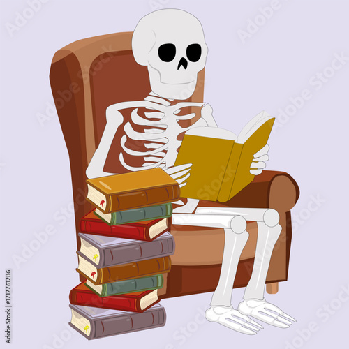 A funny skeleton reading a book in a chair, next to a stack of books. Perfect design for fans of literature with humor.