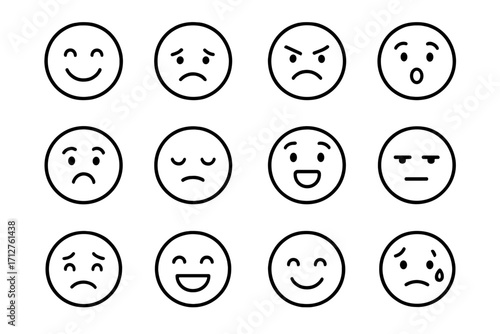 Emotional Icon Faces. Line style icons of basic emotional expressions: happy face, sad face, angry face, surprised face, confused