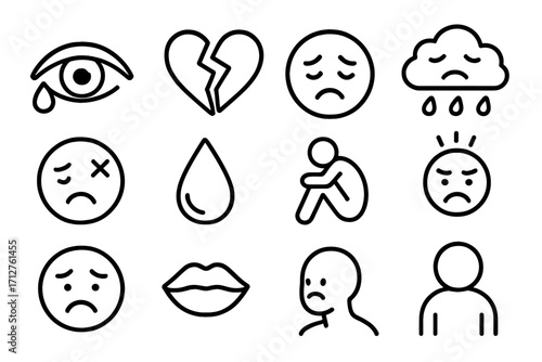 Negative Emotion Icons. Line style icons of negative feelings: crying eyes, broken heart, depressed face, sad cloud icon, rejected
