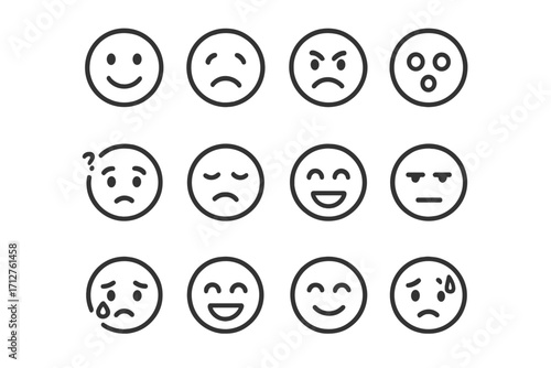Emotional Icon Faces. Line style icons of basic emotional expressions: happy face, sad face, angry face, surprised face, confused