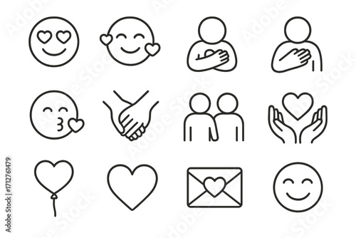 Love Line Icons. Line style icons of love and affection: heart eyes, smiling with hearts, hugging gesture, hand on heart, blowing