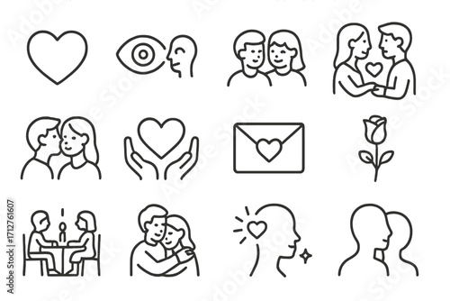 Romantic Emotions Icons. Line style icons of romantic emotions: love heart, eye contact icon, blushing couple, romantic gesture,