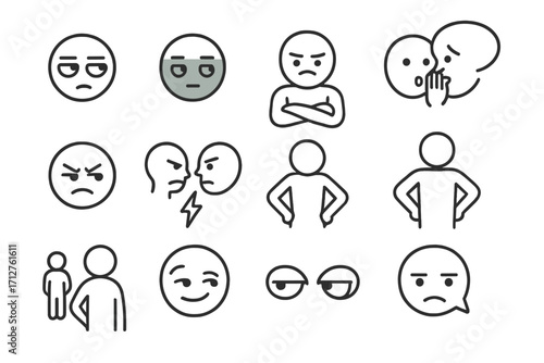 Icons of Envy. Line style icons of jealousy and envy: side-eye glance, green face icon, crossed arms with frown, whisper bubble,