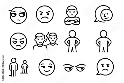Icons of Envy. Line style icons of jealousy and envy: side-eye glance, green face icon, crossed arms with frown, whisper bubble,
