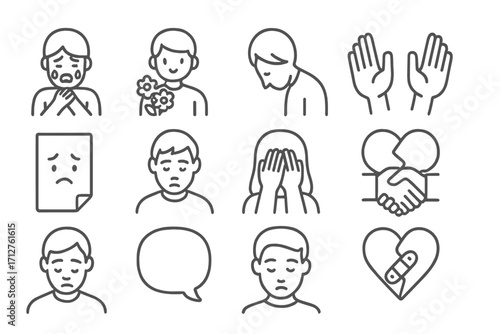 Apology Icons Collection. Line style icons of guilt and apology: tearful apology, holding flowers, bowed head, forgiveness hands,