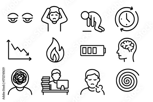 Emotional Burnout Icons. Line style icons of emotional burnout: tired eyes, hands on head, collapsing figure, spinning clock,