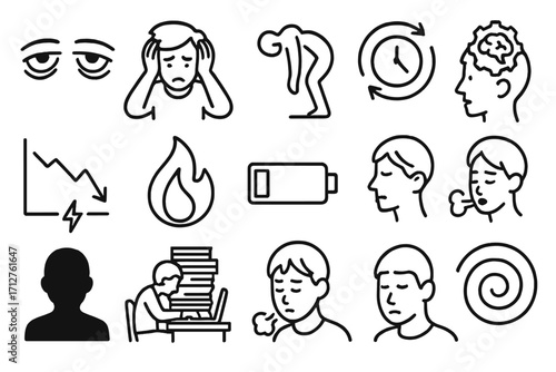 Emotional Burnout Icons. Line style icons of emotional burnout: tired eyes, hands on head, collapsing figure, spinning clock,
