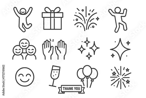 Celebration Line Icons. Line style icons of celebration and joy: happy jump, gift icon, confetti burst, dancing figure, smiling