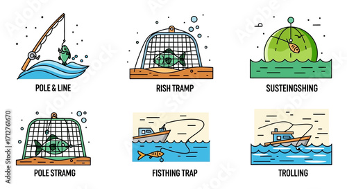 Discover different fishing techniques and methods with this vibrant vector artwork, from pole fishing to trawling, a great asset for fishing enthusiasts