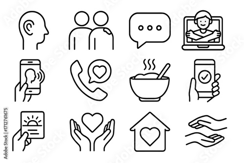 Emotional Support Icons. Line style icons of emotional support acts: listening icon, hand over shoulder, text message bubble,