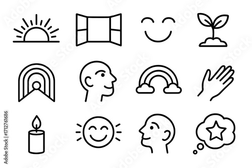 Icons of Hope. Line style icons of hope and optimism: rising sun, open window, smiling eyes icon, plant sprout, light at end,