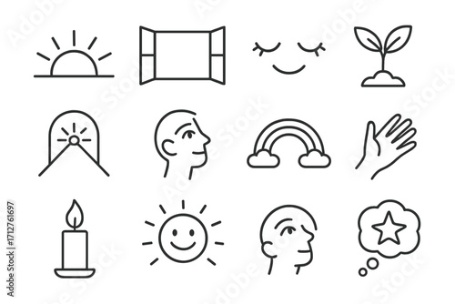 Icons of Hope. Line style icons of hope and optimism: rising sun, open window, smiling eyes icon, plant sprout, light at end,