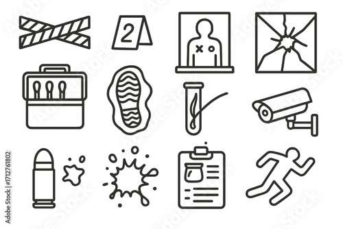 Crime Scene Icons. Line style icons of crime scene elements: police tape, numbered marker, crime sketchboard, broken glass, gun