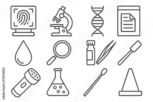 Forensic Science Icons. Line style icons of forensic science tools: fingerprint scanner, forensic microscope, DNA strand, evidence