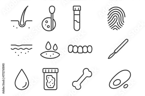 Biological Evidence Icons. Line style icons of biological evidence types: hair follicle, saliva swab, blood sample, fingerprint