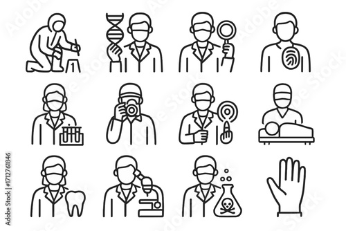Forensic Investigator Icons. Line style icons of forensic investigators: crime scene technician, DNA analyst, fingerprint expert,