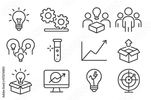 Business Innovation Icons. Line style icons of business innovation: idea lightbulb, gears turning, prototype model, creative team,